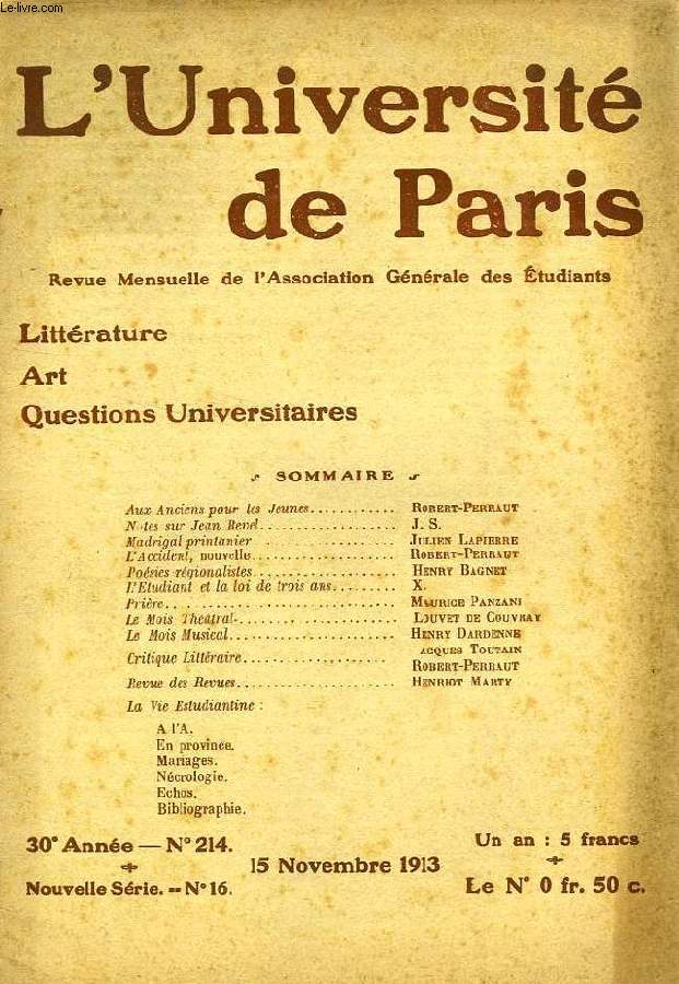 L'UNIVERSITE DE PARIS, 30e ANNEE, N 214, NOV. 1913