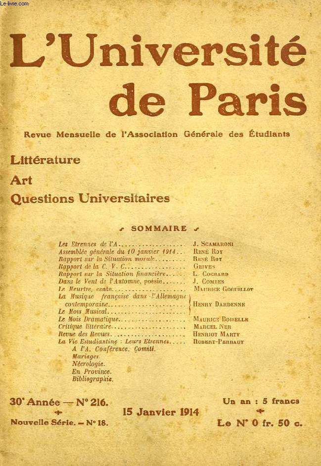 L'UNIVERSITE DE PARIS, 30e ANNEE, N 216, JAN. 1914