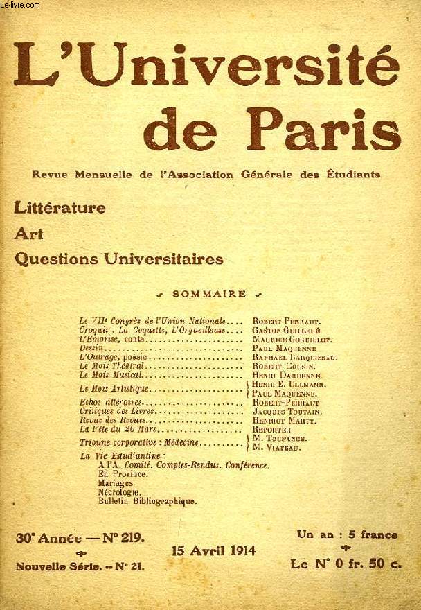 L'UNIVERSITE DE PARIS, 30e ANNEE, N 219, AVRIL 1914