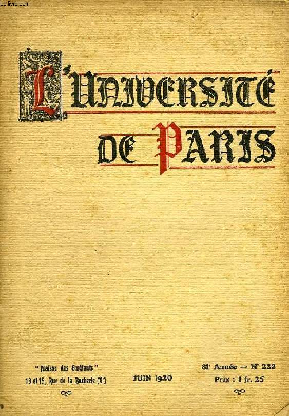 L'UNIVERSITE DE PARIS, 31e ANNEE, N 222, AVRIL 1920