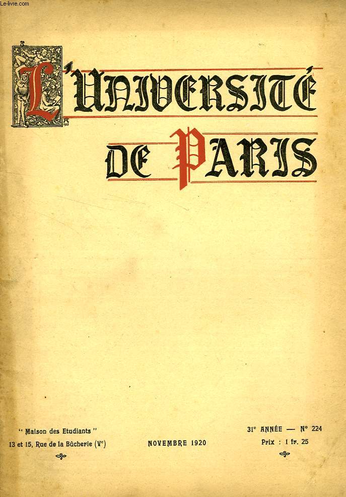 L'UNIVERSITE DE PARIS, 31e ANNEE, N 224, NOV. 1920
