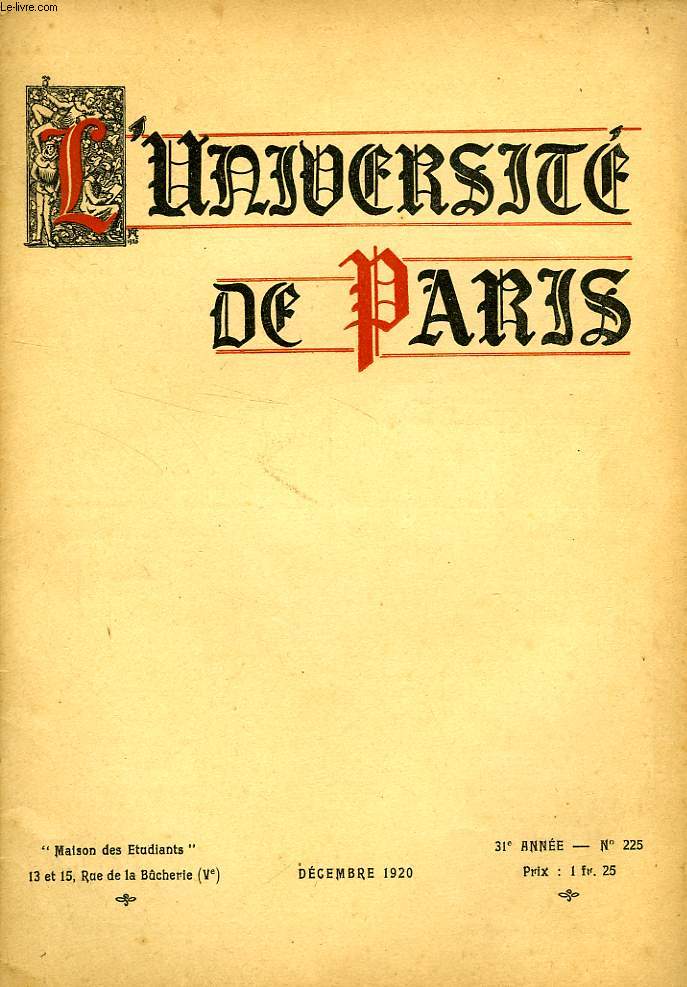 L'UNIVERSITE DE PARIS, 31e ANNEE, N 225, DEC. 1920
