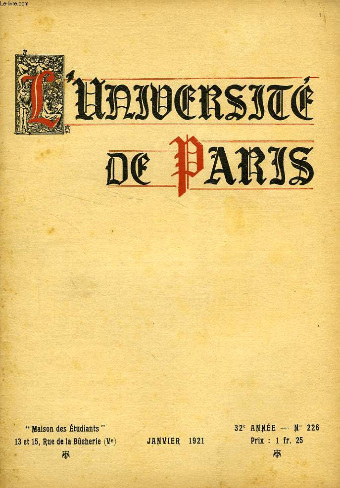 L'UNIVERSITE DE PARIS, 32e ANNEE, N 226, JAN. 1921
