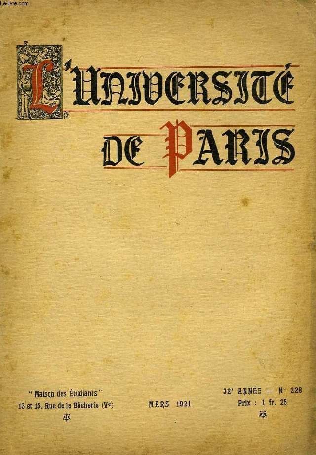 L'UNIVERSITE DE PARIS, 32e ANNEE, N 228, MARS 1921
