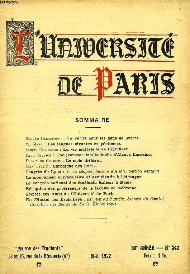 L'UNIVERSITE DE PARIS, 33e ANNEE, N 242, MAI 1922