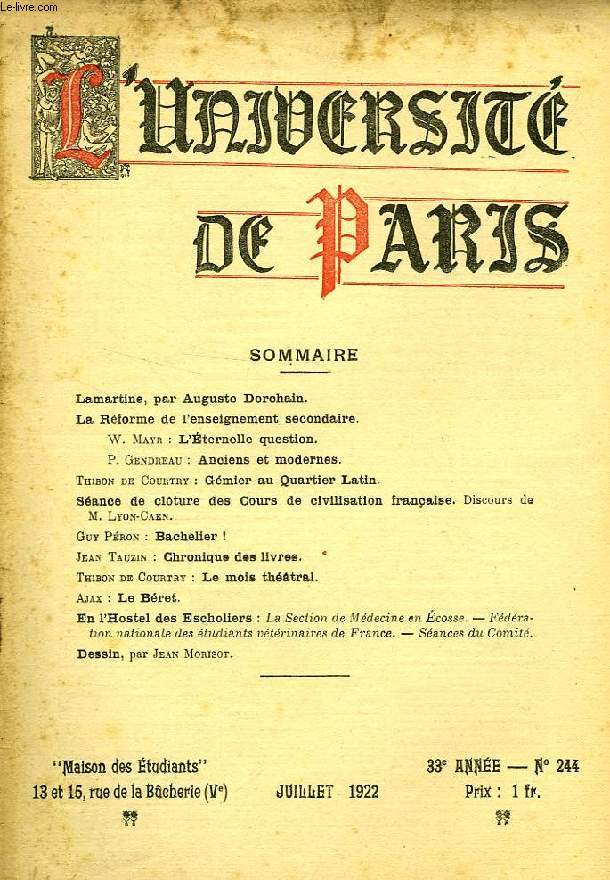 L'UNIVERSITE DE PARIS, 33e ANNEE, N 244, JUILLET 1922