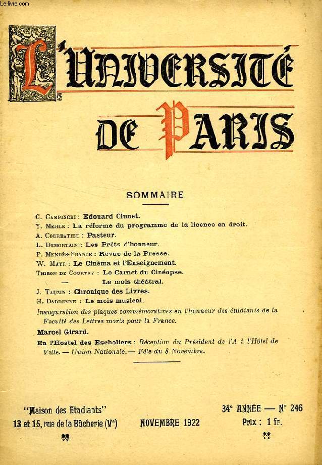 L'UNIVERSITE DE PARIS, 34e ANNEE, N 246, NOV. 1922