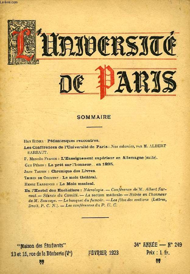 L'UNIVERSITE DE PARIS, 34e ANNEE, N 249, FEV. 1923