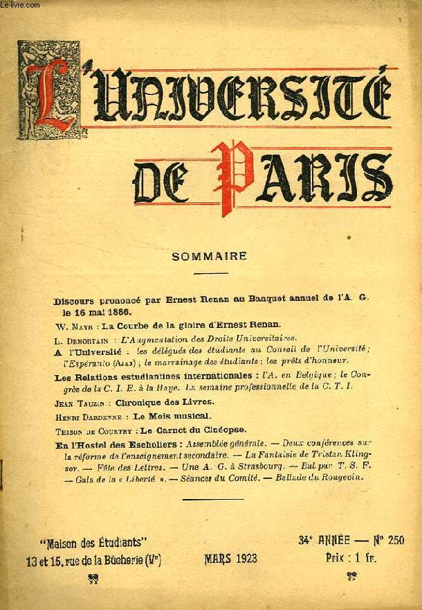 L'UNIVERSITE DE PARIS, 34e ANNEE, N 250, MARS 1923