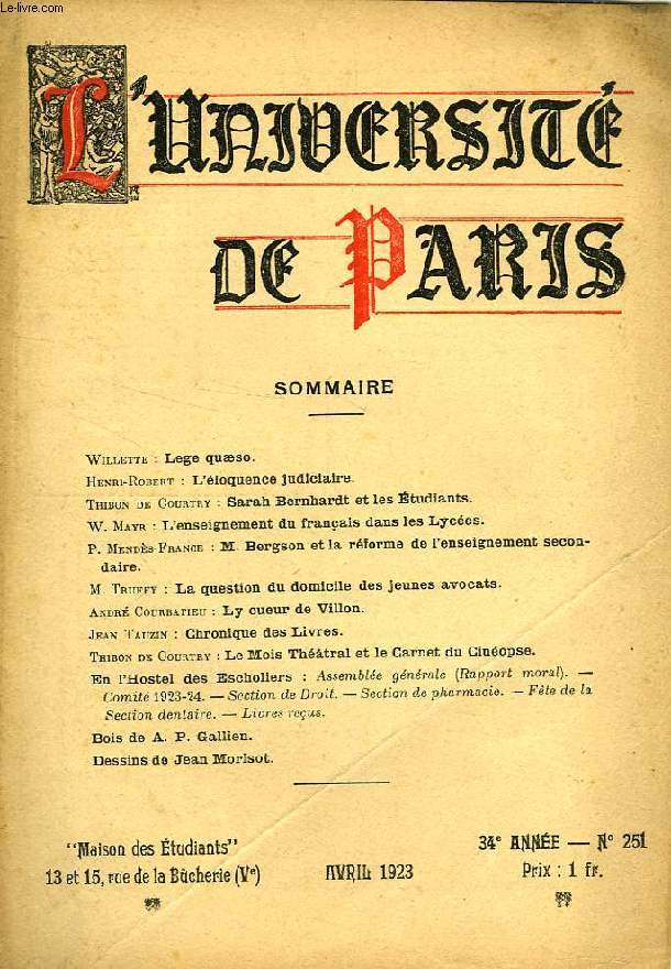 L'UNIVERSITE DE PARIS, 34e ANNEE, N 251, AVRIL 1923