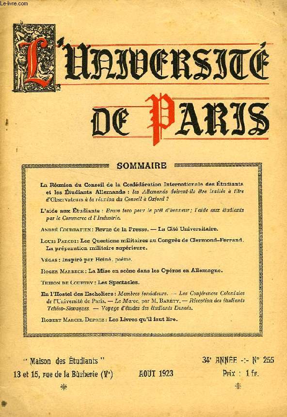 L'UNIVERSITE DE PARIS, 34e ANNEE, N 255, AOUT 1923