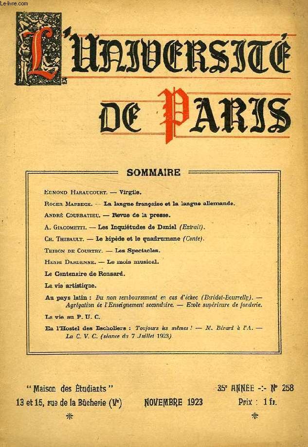 L'UNIVERSITE DE PARIS, 35e ANNEE, N 258, NOV. 1923