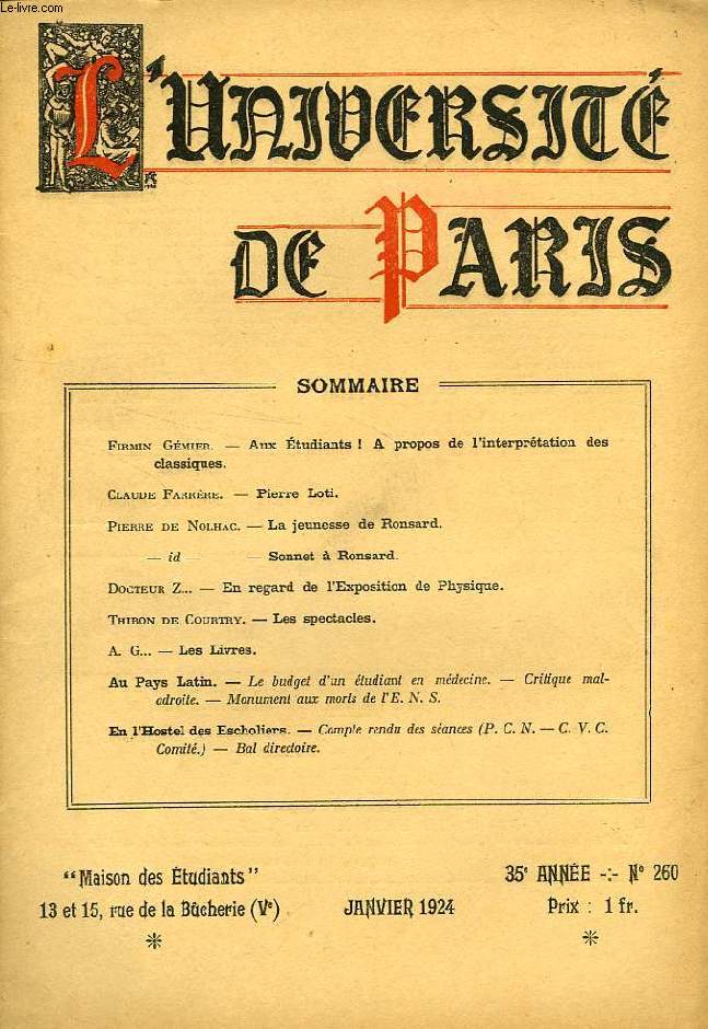 L'UNIVERSITE DE PARIS, 35e ANNEE, N 260, JAN. 1924