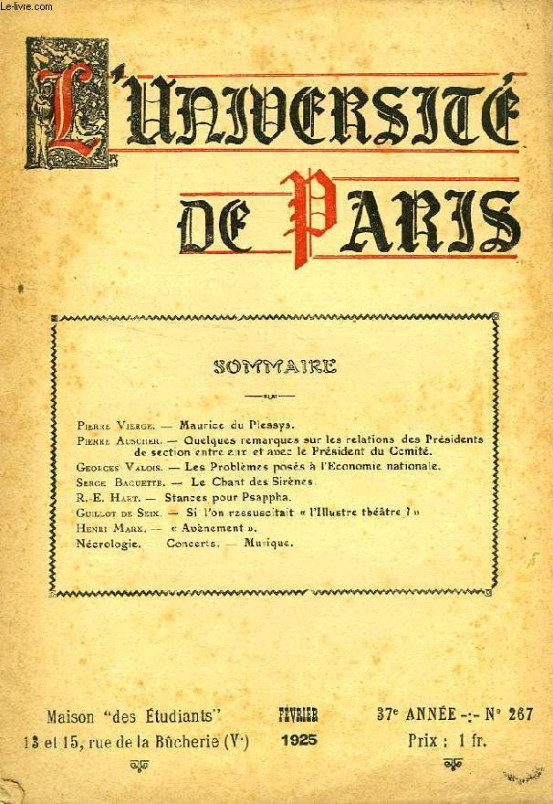 L'UNIVERSITE DE PARIS, 37e ANNEE, FEV. 1925