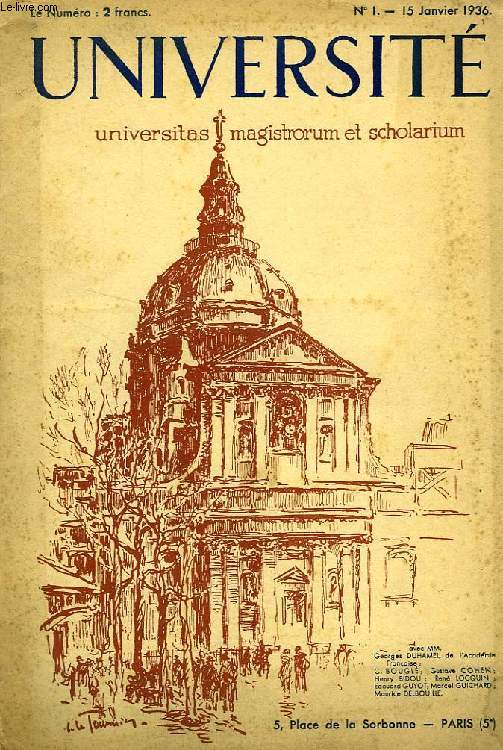 UNIVERSITE, N 1, 15 JAN. 1936, UNIVERSITAS MAGISTRORUM ET SCHOLARIUM