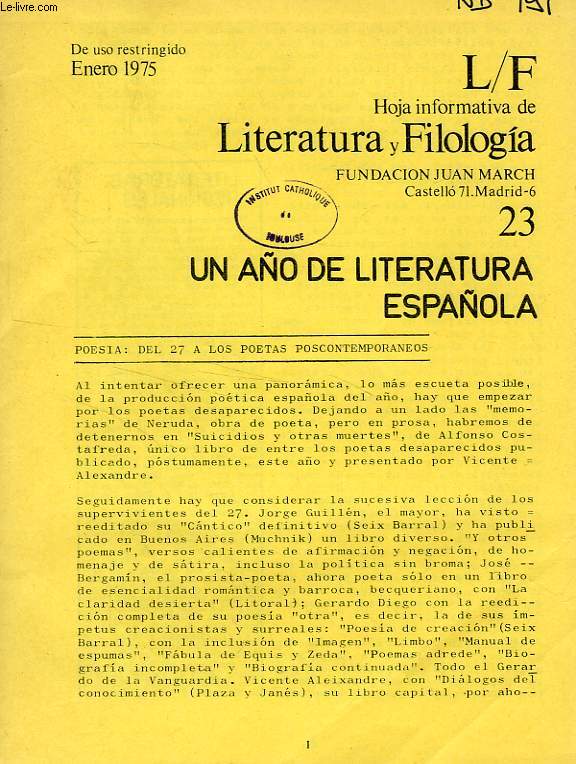 HOJA INFORMATIVA DE LITERATURA Y FILOLOGIA, FUNDACION JUAN MARCH, AOS 1975-1981