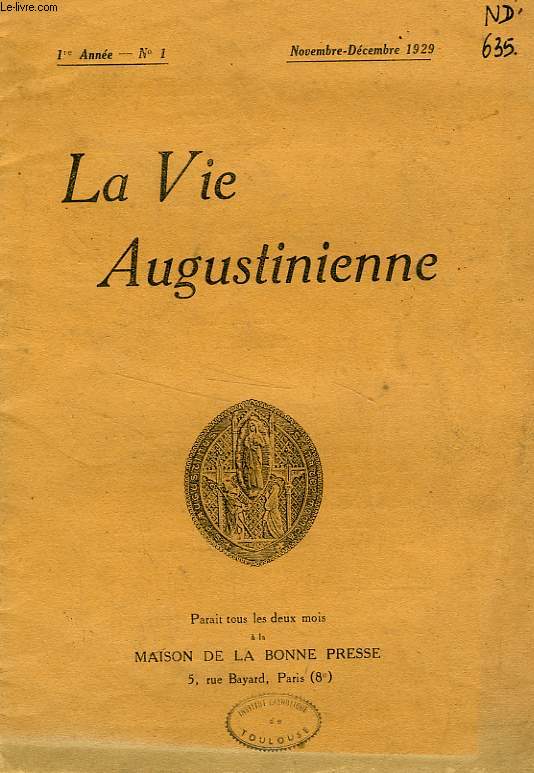 LA VIE AUGUSTINIENNE, 1re ANNEE, N 1, NOV.-DEC. 1929