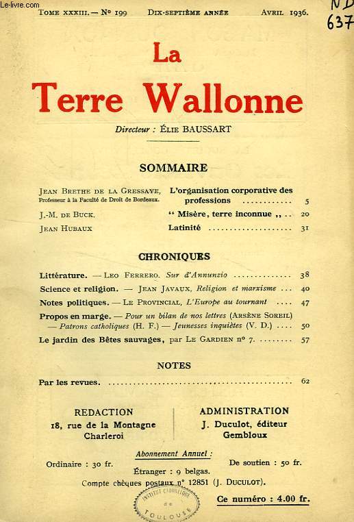 LA TERRE WALLONNE, TOME XXXIII, 17e ANNEE, N 199, AVRIL 1936