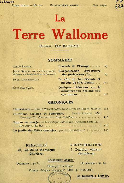 LA TERRE WALLONNE, TOME XXXIII, 17e ANNEE, N 200, MAI 1936