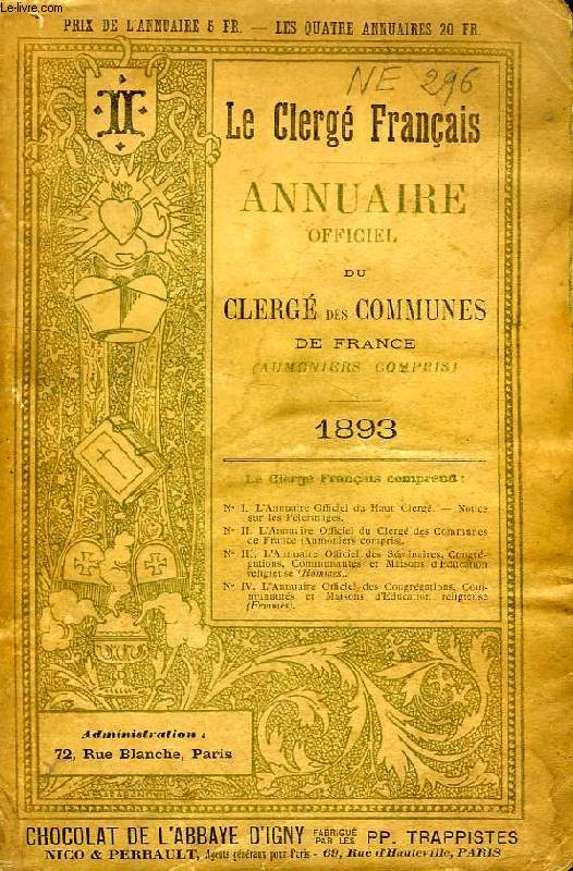 LE CLERGE FRANCAIS, N II, ANNUAIRE OFFICIEL DU CLERGE DES COMMUNES DE FRANCE (AUMONIERS COMPRIS), 3e ANNEE, 1893