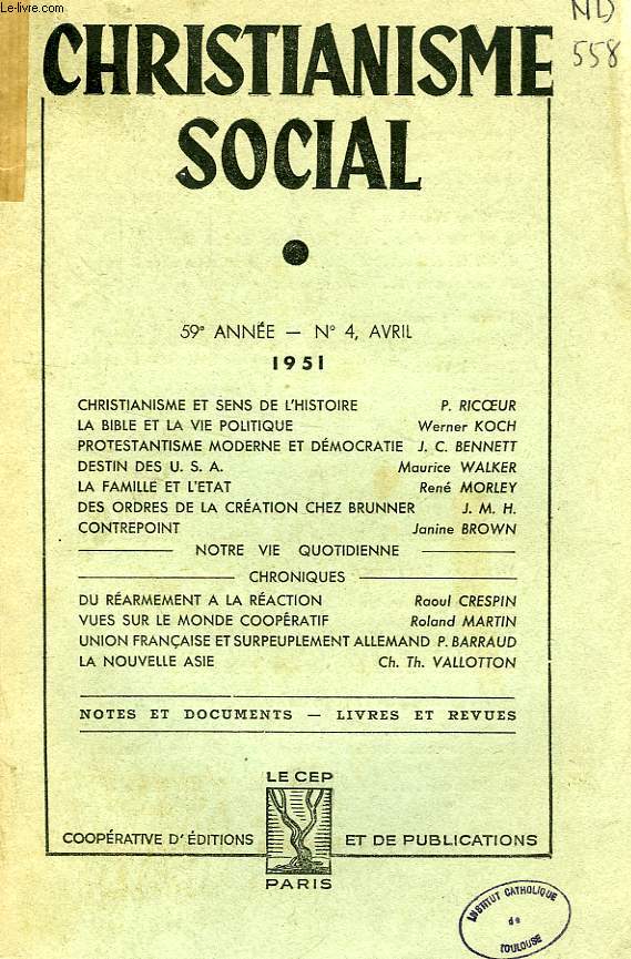 CHRISTIANISME SOCIAL, 59e ANNEE, N 4, AVRIL 1951