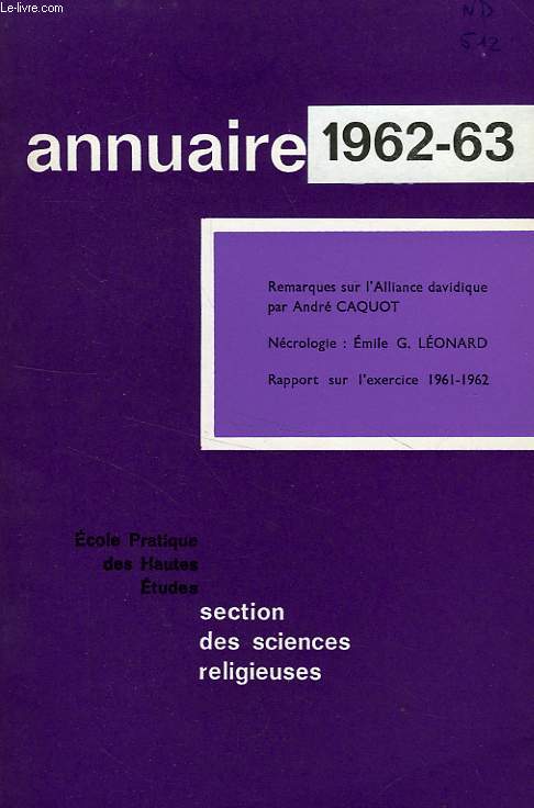 ECOLE PRATIQUE DES HAUTES ETUDES, SECTION DES SCIENCES RELIGIEUSES, ANNUAIRE 1962-1963