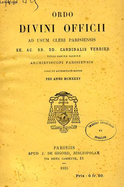 ORDO DIVINI OFFICII AD USUM CLERI PARISIENSIS, PRO ANNO 1935