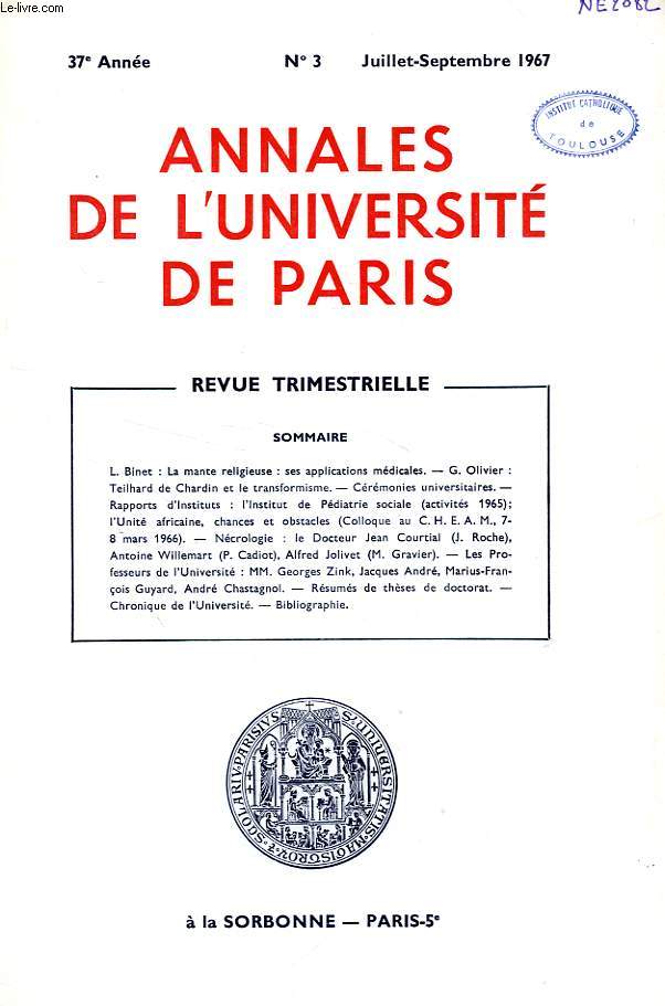 ANNALES DE L'UNIVERSITE DE PARIS, 37e ANNEE, N 3, JUILLET-SEPT. 1967