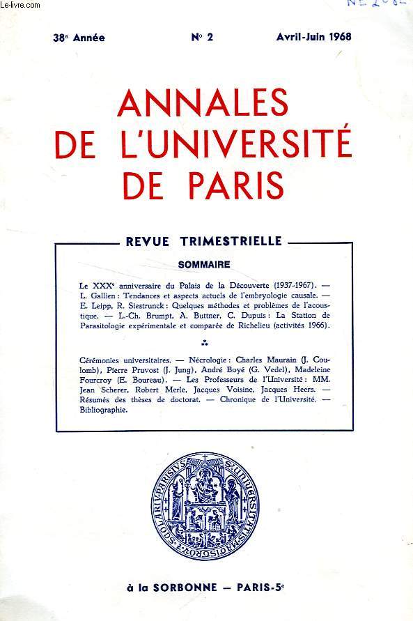 ANNALES DE L'UNIVERSITE DE PARIS, 38e ANNEE, N 2, AVRIL-JUIN 1968
