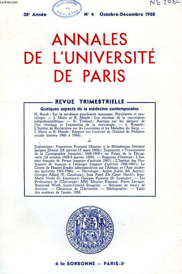 ANNALES DE L'UNIVERSITE DE PARIS, 38e ANNEE, N 4, OCT.-DEC 1968
