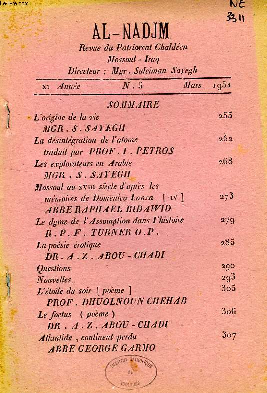 AL-NADJM, REVUE DU PATRIARCAT CHALDEEN, XIe ANNEE, N 5, MARS 1951