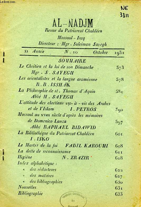 AL-NADJM, REVUE DU PATRIARCAT CHALDEEN, XIe ANNEE, N 10, OCT. 1951
