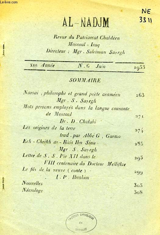 AL-NADJM, REVUE DU PATRIARCAT CHALDEEN, XIIIe ANNEE, N 6, JUIN 1953