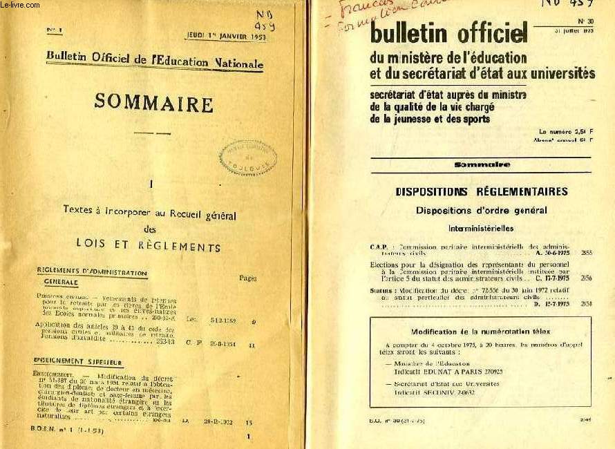 BULLETIN OFFICIEL DE L'EDUCATION NATIONALE, 14 ANNEES, 1967-1975 (INCOMPLET)