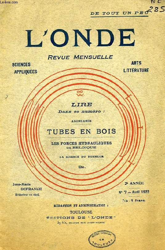 L'ONDE, 2e ANNEE, N 7, AVRIL 1922, TUBES EN BOIS