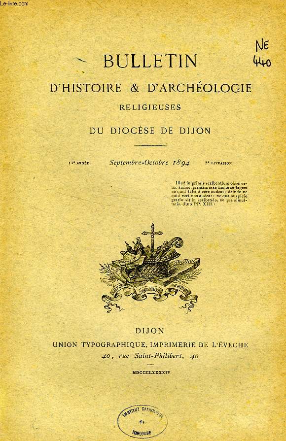 BULLETIN D'HISTOIRE ET D'ARCHEOLOGIE RELIGIEUSES DU DIOCESE DE DIJON, 12e ANNEE, 5e LIVRAISON, SEPT.-OCT. 1894