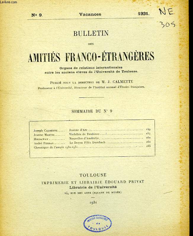 BULLETIN DES AMITIES FRANCO-ETRANGERES, N 9, VACANCES 1931