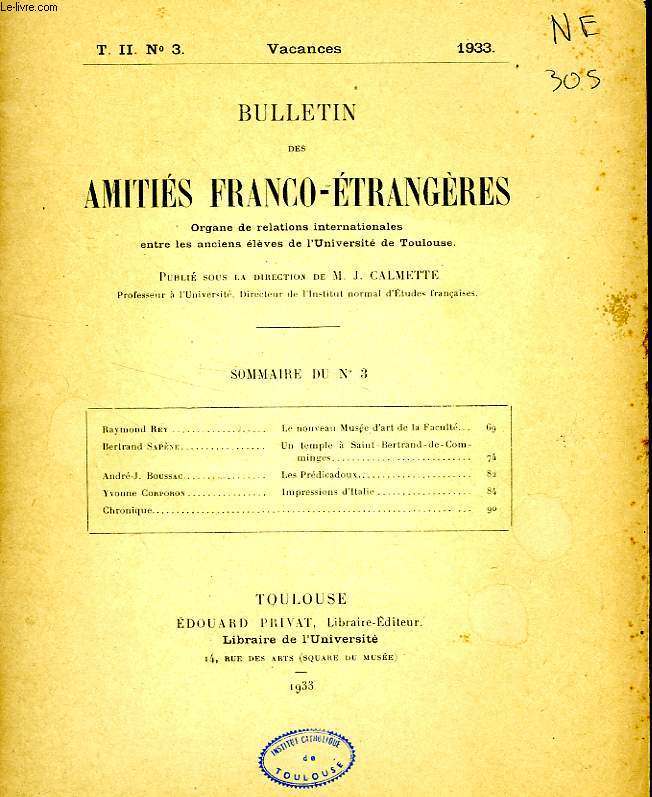 BULLETIN DES AMITIES FRANCO-ETRANGERES, T. II, N 3, VACANCES 1933