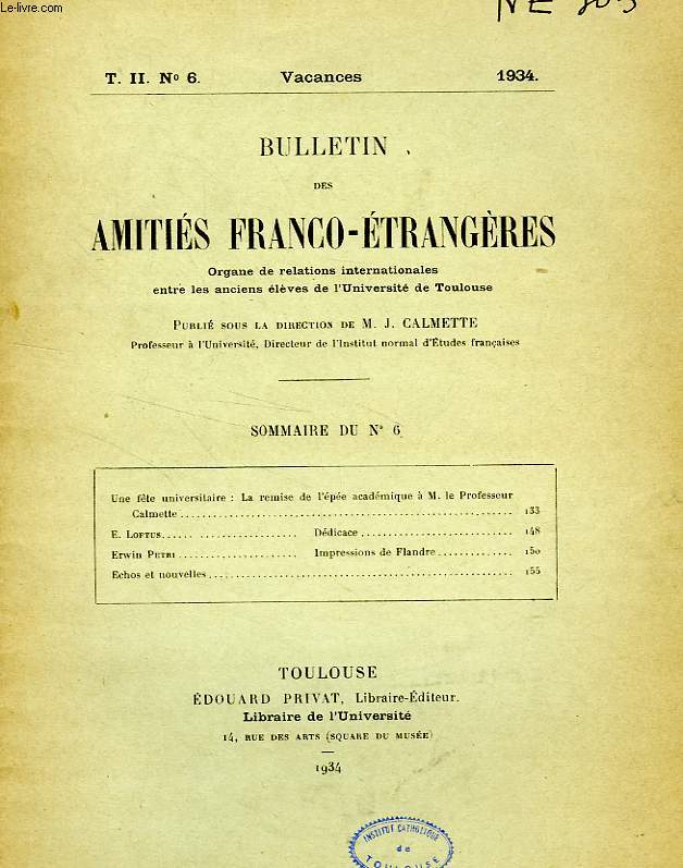BULLETIN DES AMITIES FRANCO-ETRANGERES, T. II, N 6, VACANCES 1934