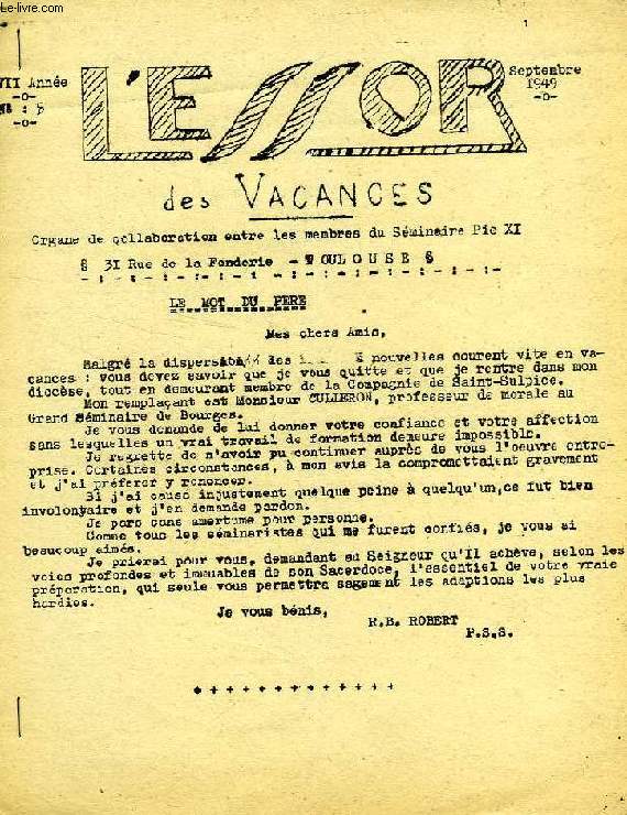 L'ESSOR, XVIIe ANNEE, N° 5, SEPT. 1949, ORGANE DE COLLABORATION DU SEMINAIRE PIE XI