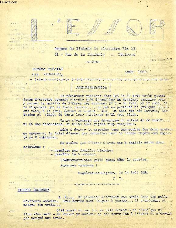 L'ESSOR, AOUT 1950, ORGANE DE COLLABORATION DU SEMINAIRE PIE XI