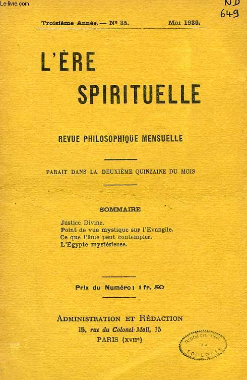 L'ERE SPIRITUELLE, 3e ANNEE, N 35, MAI 1930, REVUE PHILOSOPHIQUE MENSUELLE