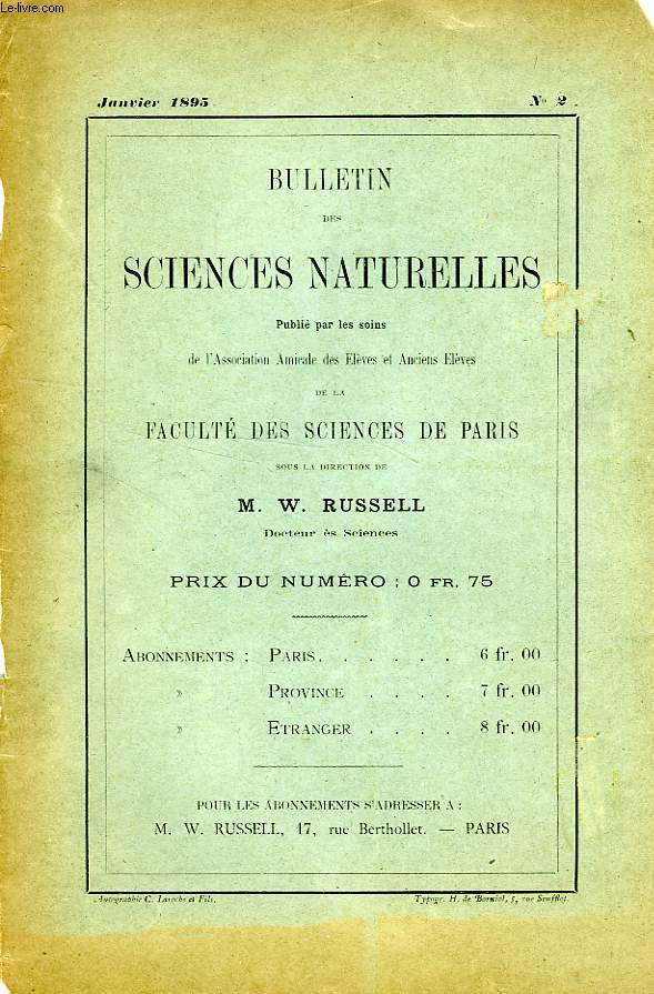 BULLETIN DES SCIENCES NATURELLES DE LA FACULTE DES SCIENCES DE PARIS, N 2, JAN. 1895