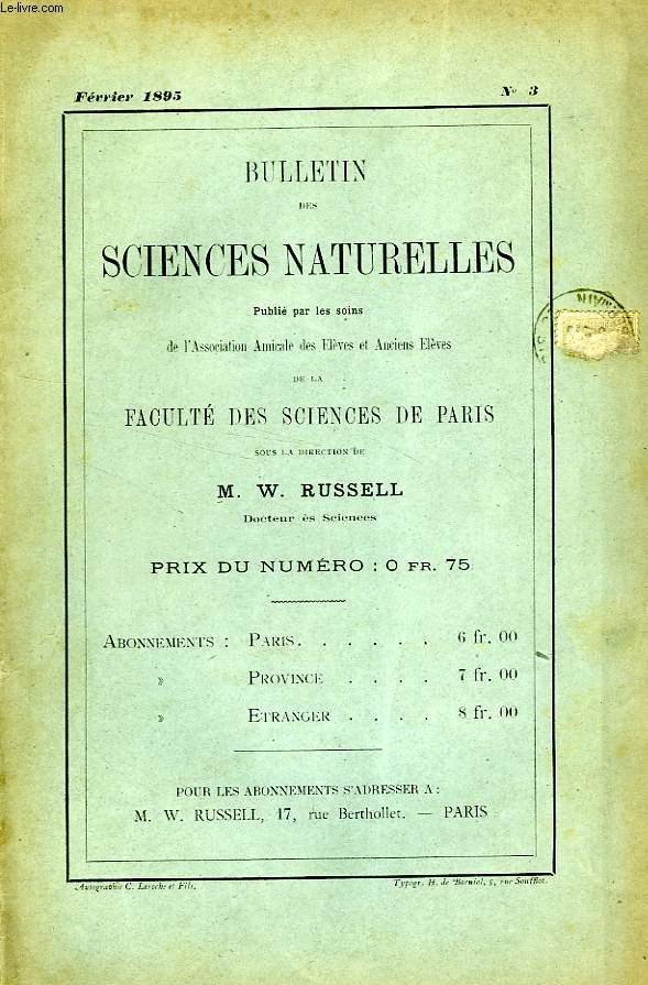 BULLETIN DES SCIENCES NATURELLES DE LA FACULTE DES SCIENCES DE PARIS, N 3, FEV. 1895
