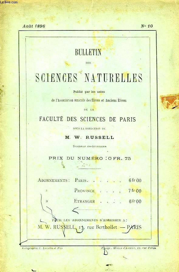 BULLETIN DES SCIENCES NATURELLES DE LA FACULTE DES SCIENCES DE PARIS, N 10, AOUT 1896