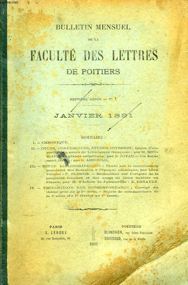 BULLETIN MENSUEL DE LA FACULTE DES LETTRES DE POITIERS, 8e-9e ANNEES, 1890-1891