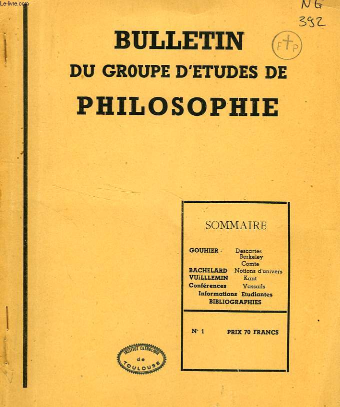 BULLETIN DU GROUPE D'ETUDES DE PHILOSOPHIE, N 1