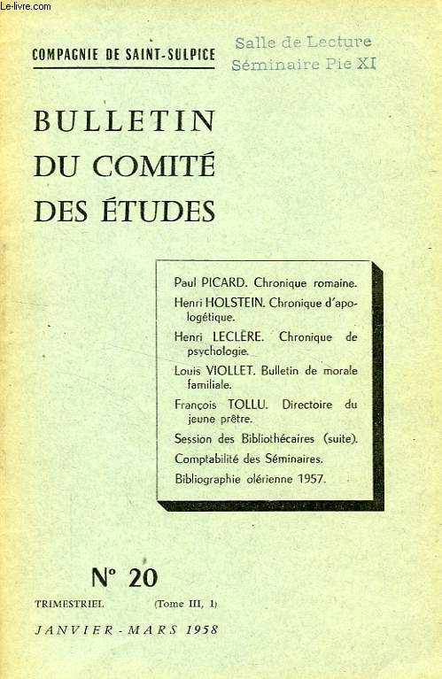 BULLETIN DU COMITE DES ETUDES, N 20, JAN.-MARS 1958
