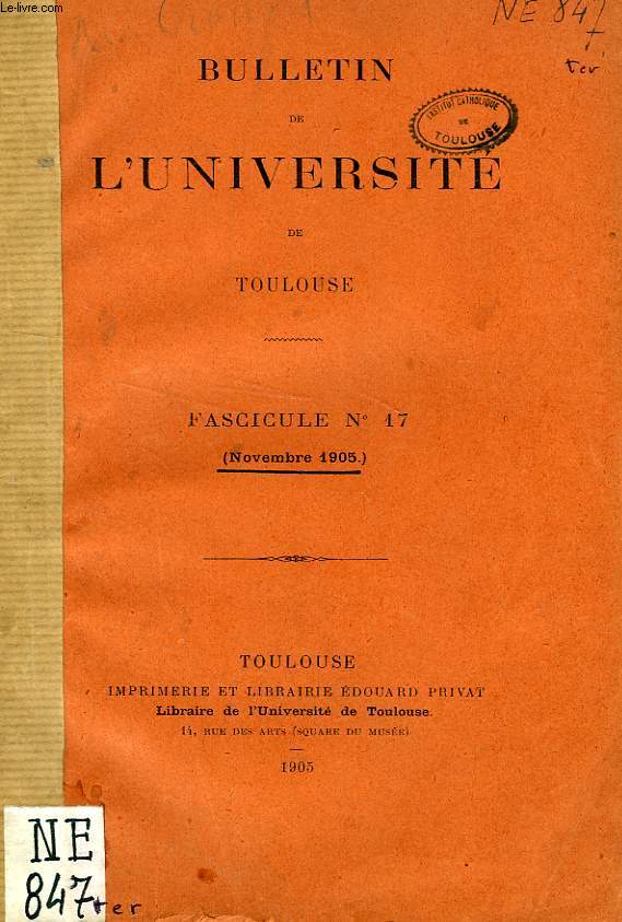 BULLETIN DE L'UNIVERSITE DE TOULOUSE, FASC. N 17, NOV. 1905