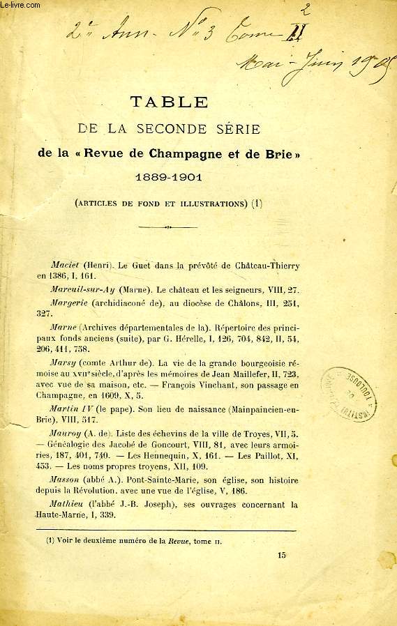 REVUE DE CHAMPAGNE ET DE BRIE, TABLE DE LA SECONDE SERIE, 1889-1901